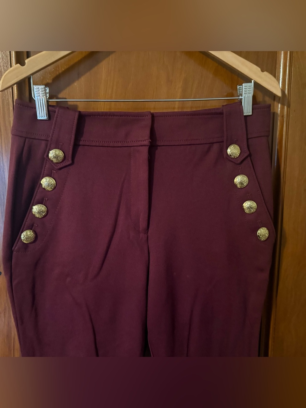 White House Black Market Jolie Straight Slacks Pants Gold Buttons Cranberry 10